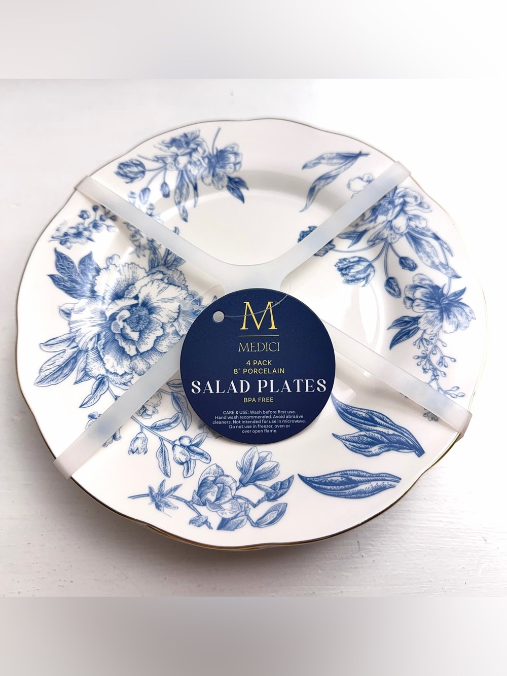 Medici Blue Floral Porcelain Plates Set of 4 Gold Rim 8”